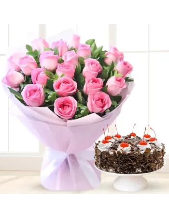 20 Pink Roses & 1/2 Kg Black Forest Cake