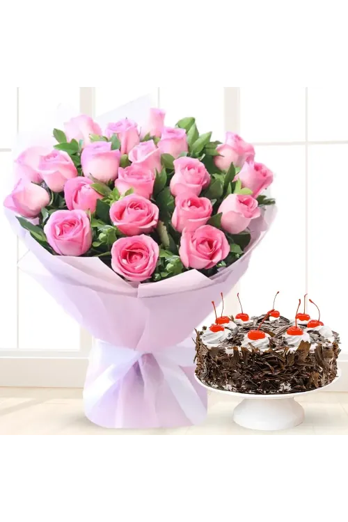 20 Pink Roses & 1/2 Kg Black Forest Cake