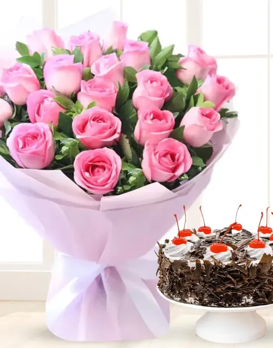 20 Pink Roses & 1/2 Kg Black Forest Cake
