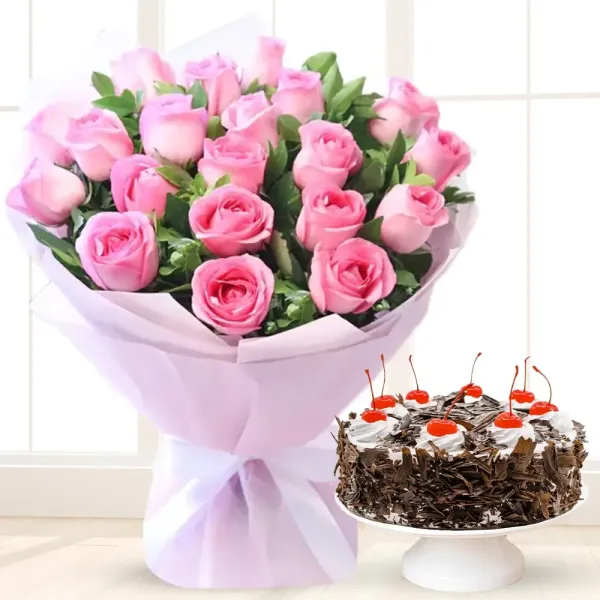 20 Pink Roses & 1/2 Kg Black Forest Cake