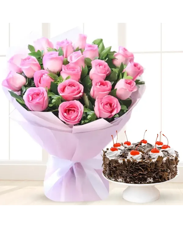 20 Pink Roses & 1/2 Kg Black Forest Cake