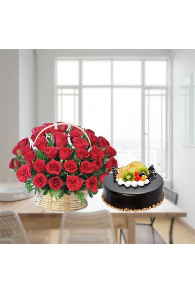 40 Roses Basket with Chocolate Fruit Cake