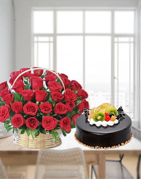 40 Roses Basket with Chocolate Fruit Cake