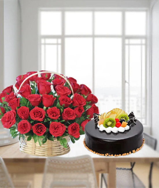 40 Roses Basket with Chocolate Fruit Cake