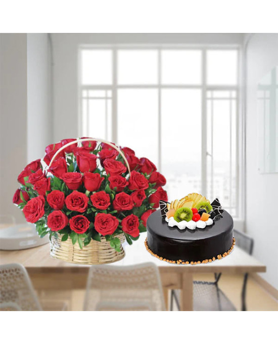 40 Roses Basket with Chocolate Fruit Cake