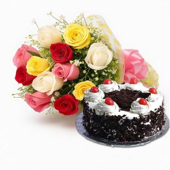 12 Mix Roses Hand Bouquet with Cake