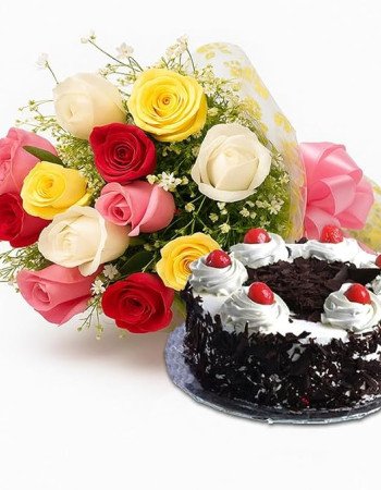 12 Mix Roses Hand Bouquet with Cake