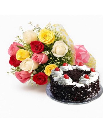 12 Mix Roses Hand Bouquet with Cake