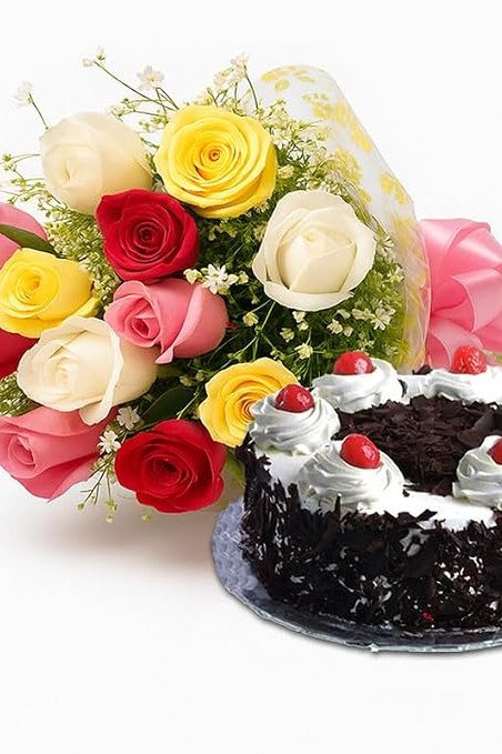 12 Mix Roses Hand Bouquet with Cake