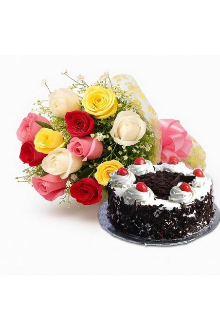 12 Mix Roses Hand Bouquet with Cake