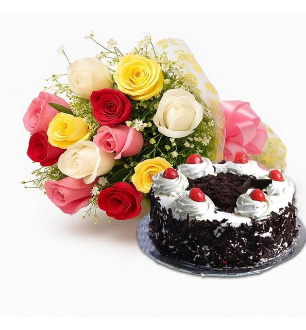 12 Mix Roses Hand Bouquet with Cake