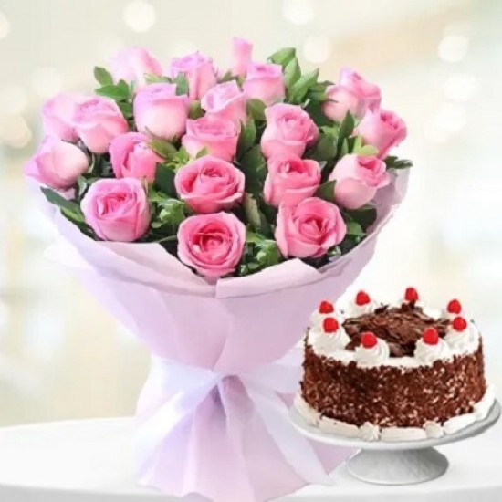  20 Pink Roses & 1/2 Kg Black Forest Cake