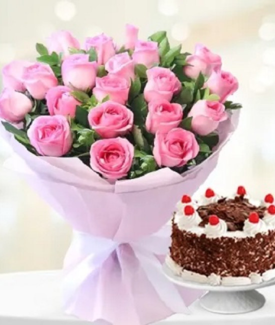20 Pink Roses & 1/2 Kg Black Forest Cake 20 Pink Roses & 1/2 Kg Black Forest Cake