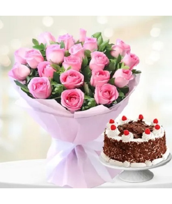  20 Pink Roses & 1/2 Kg Black Forest Cake