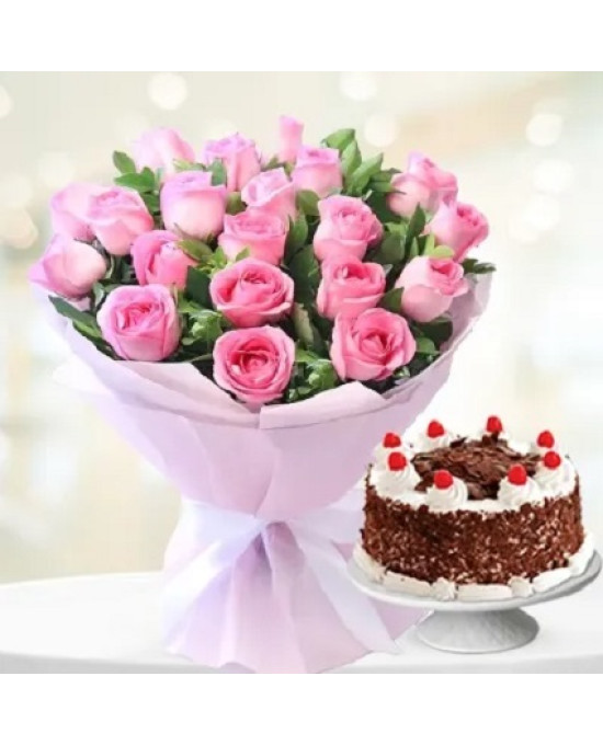  20 Pink Roses & 1/2 Kg Black Forest Cake