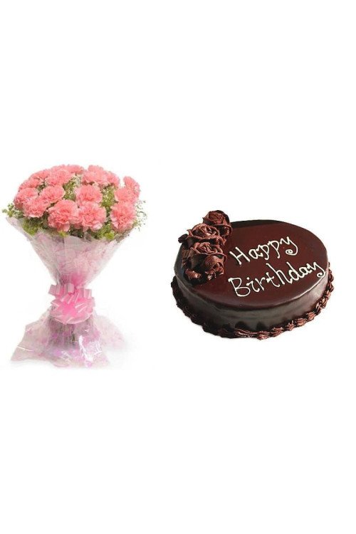 Pink Carnations And Chocolate Cake Combo