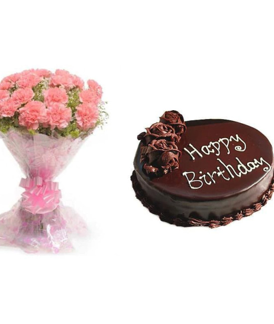 Pink Carnations And Chocolate Cake Combo