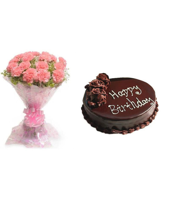 Pink Carnations And Chocolate Cake Combo