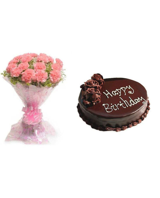 Pink Carnations And Chocolate Cake Combo