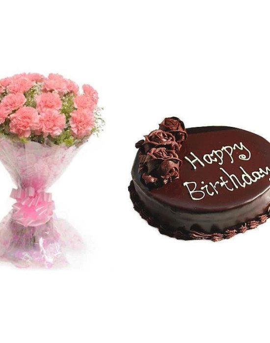 Pink Carnations And Chocolate Cake Combo