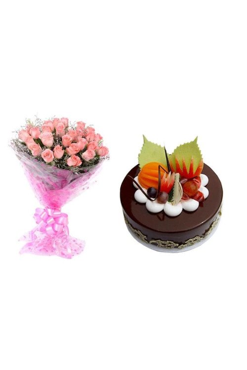 Pink Roses And Chocolate Cake Combo