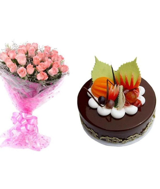 Pink Roses And Chocolate Cake Combo