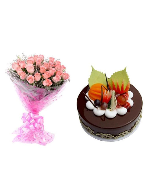 Pink Roses And Chocolate Cake Combo