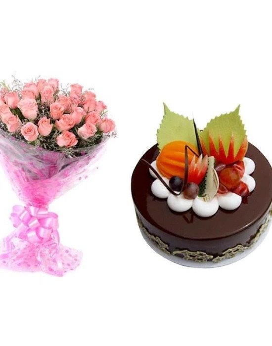Pink Roses And Chocolate Cake Combo