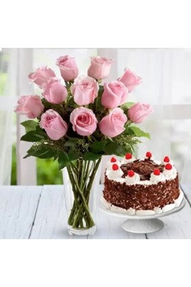 Pink Roses n Black Forest Cake Combo