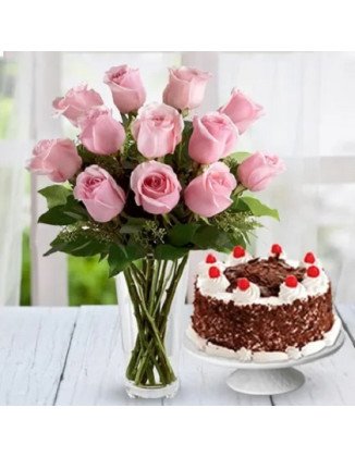 Pink Roses n Black Forest Cake Combo