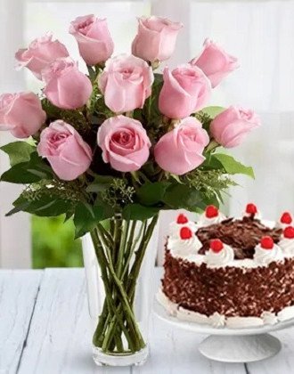 Pink Roses n Black Forest Cake Combo