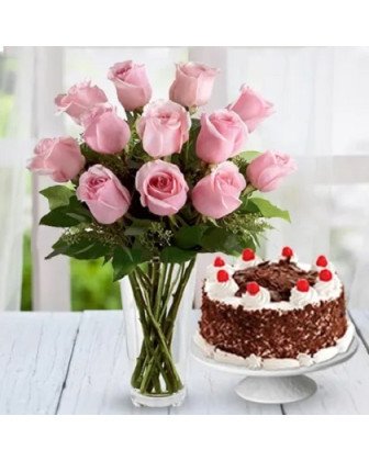 Pink Roses n Black Forest Cake Combo