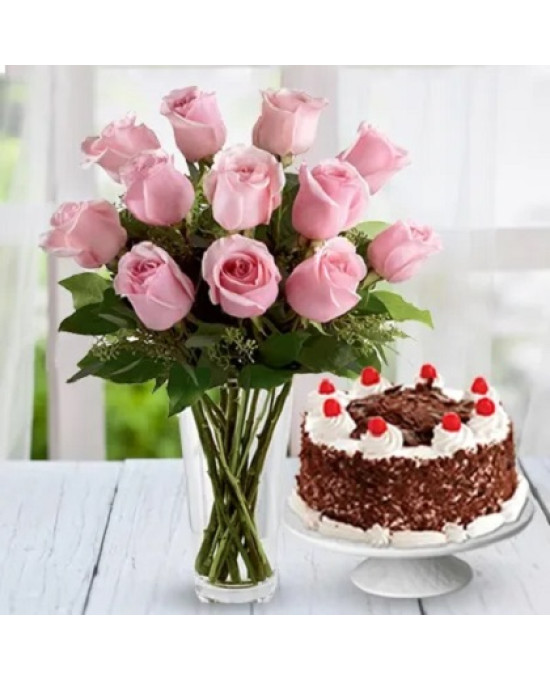 Pink Roses n Black Forest Cake Combo