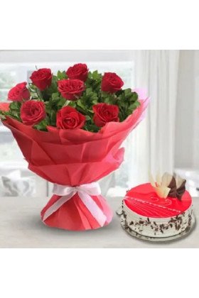 Red Roses n Strawberry Cake