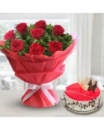 Red Roses n Strawberry Cake