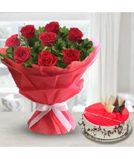 Red Roses n Strawberry Cake