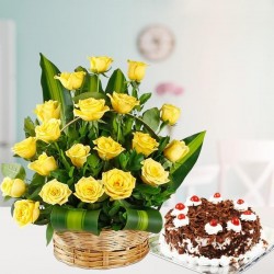 Yellow Roses Basket N Cake