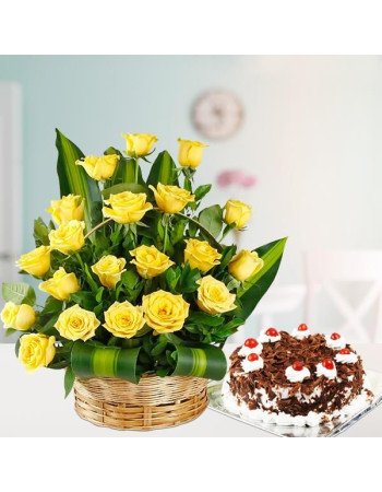 Yellow Roses Basket N Cake