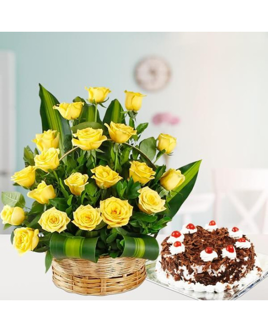 Yellow Roses Basket N Cake