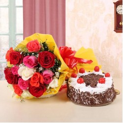 12 Mix Roses Hand Bouquet with Cake