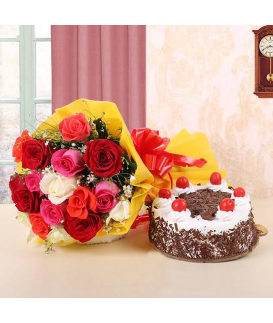 12 Mix Roses Hand Bouquet with Cake