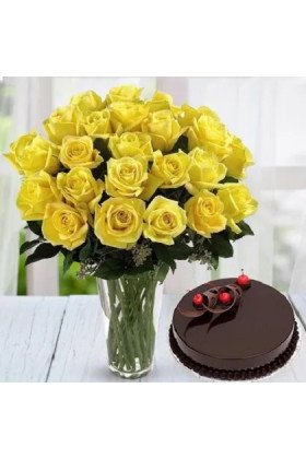 Yellow Roses Vase N Cake