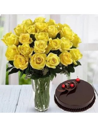 Yellow Roses Vase N Cake