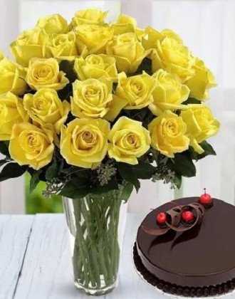 Yellow Roses Vase N Cake