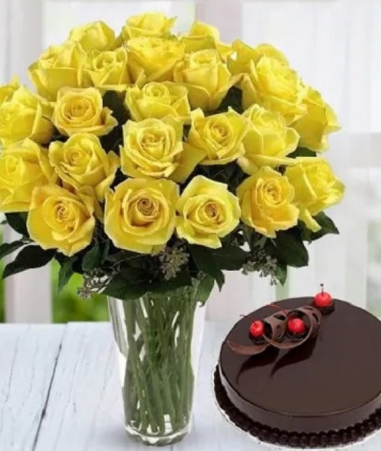 Yellow Roses Vase N Cake Yellow Roses Vase N Cake
