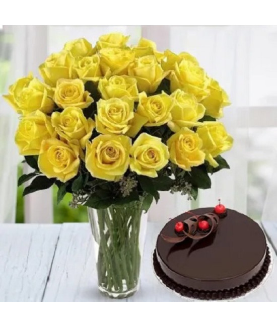 Yellow Roses Vase N Cake