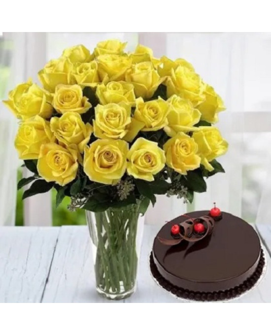 Yellow Roses Vase N Cake