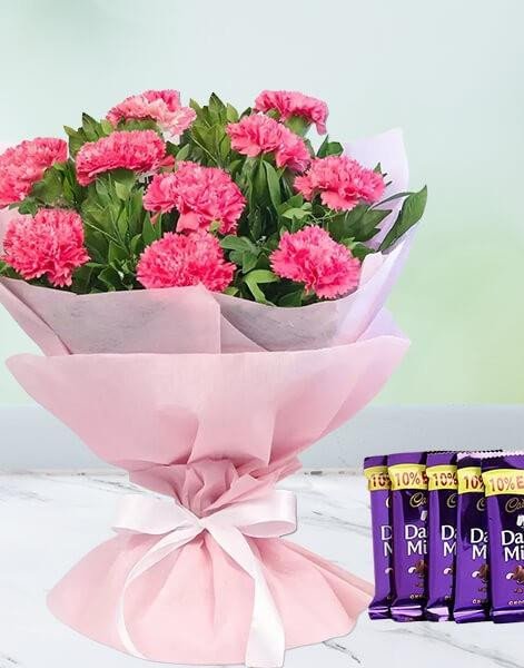 Pink Carnations And Chocolate Combo