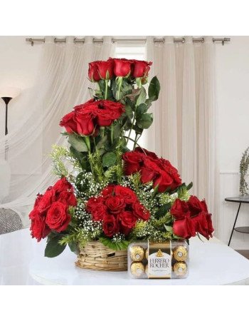 50 Red Roses Basket n Rocher Combo