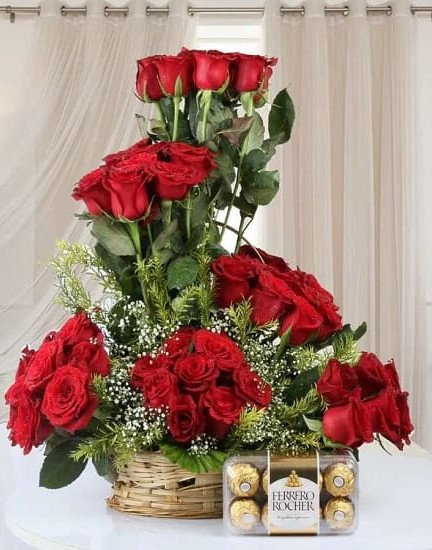 50 Red Roses Basket n Rocher Combo